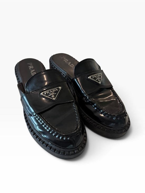 Prada Shoes - Prada Black Patent Leather Slip-On classic prada logo slides mules